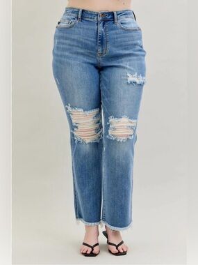 Judy Blue Bootcut Jeans 16W Distressed High Rise Raw Hem Stretch